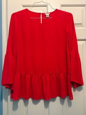 J. Crew Bright Red Ruffle-Hem Long Sleeve Blouse
